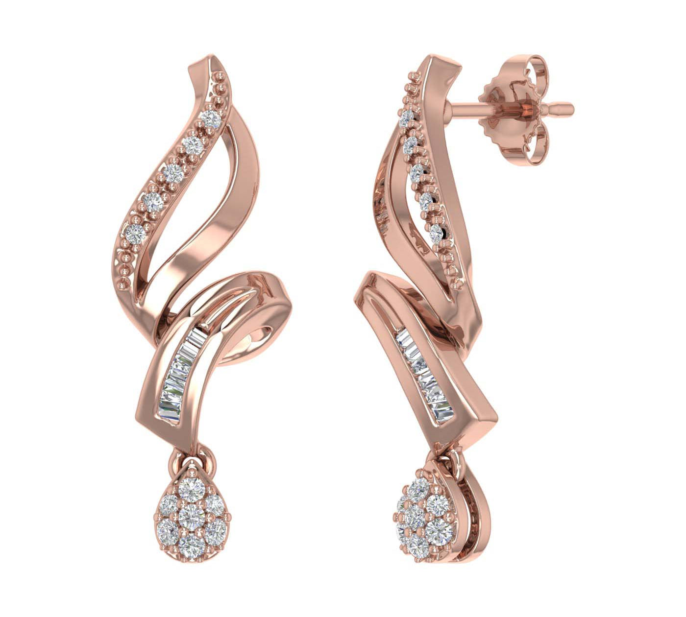 0.15 Carat Baguette and Round Diamond Drop Dangle Earrings in Gold
