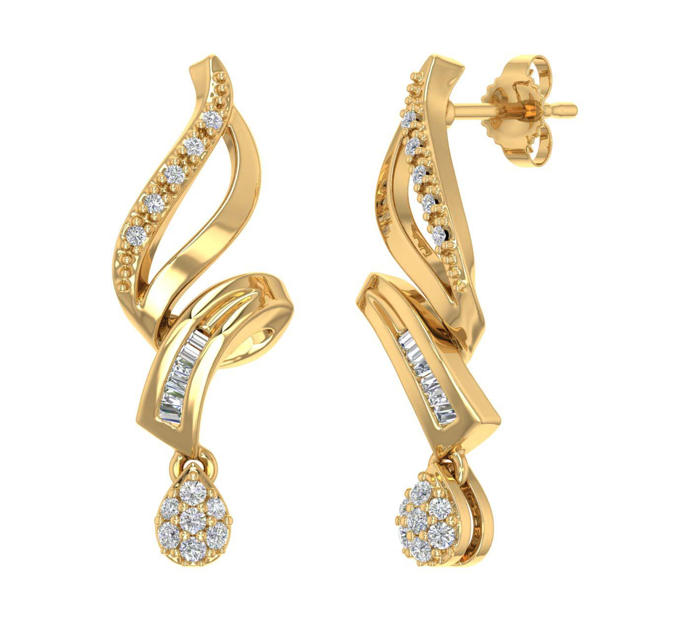 0.15 Carat Baguette and Round Diamond Drop Dangle Earrings in Gold