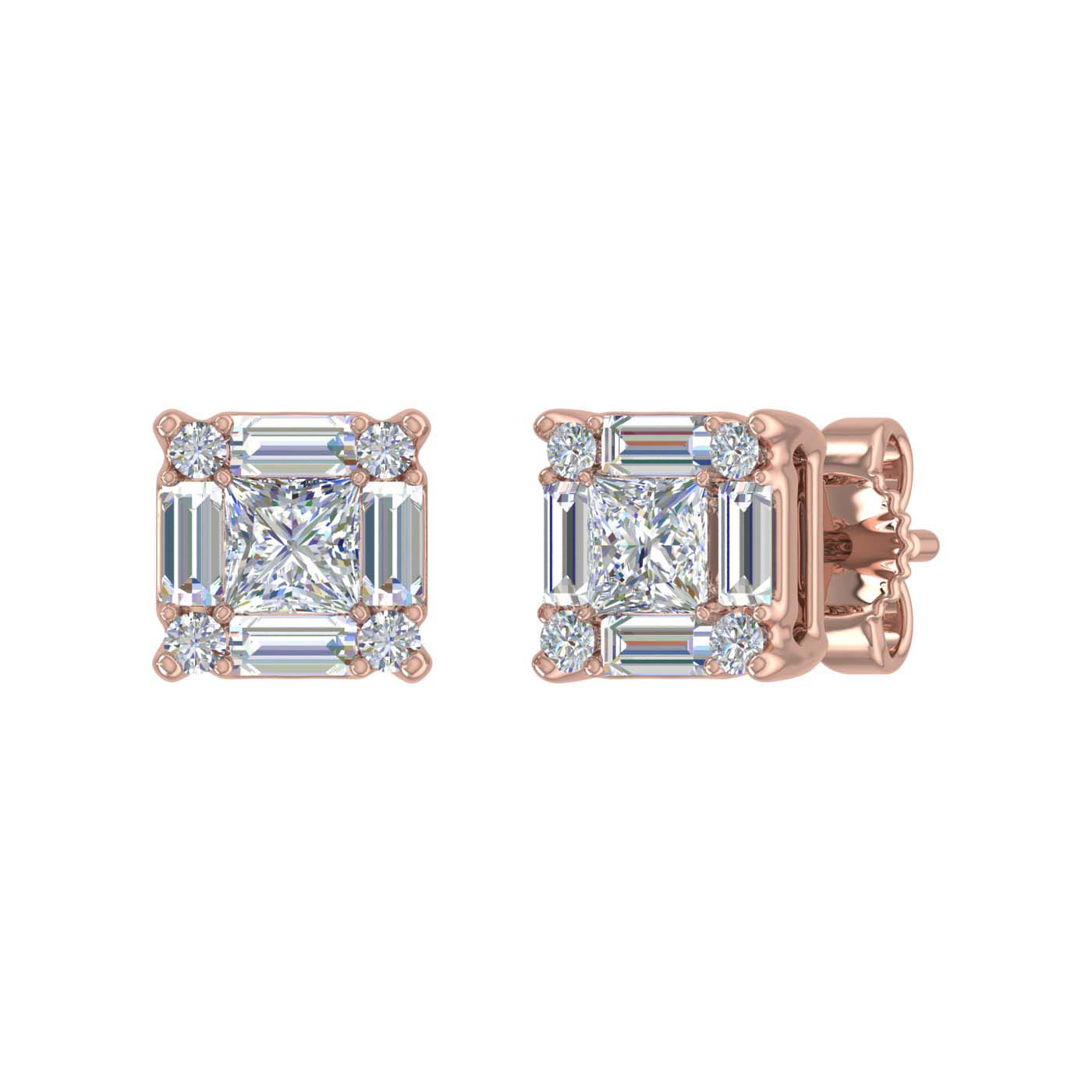 3/4 Carat Round, Princess & Baguette Shape Diamond Stud Earrings in Gold - 2