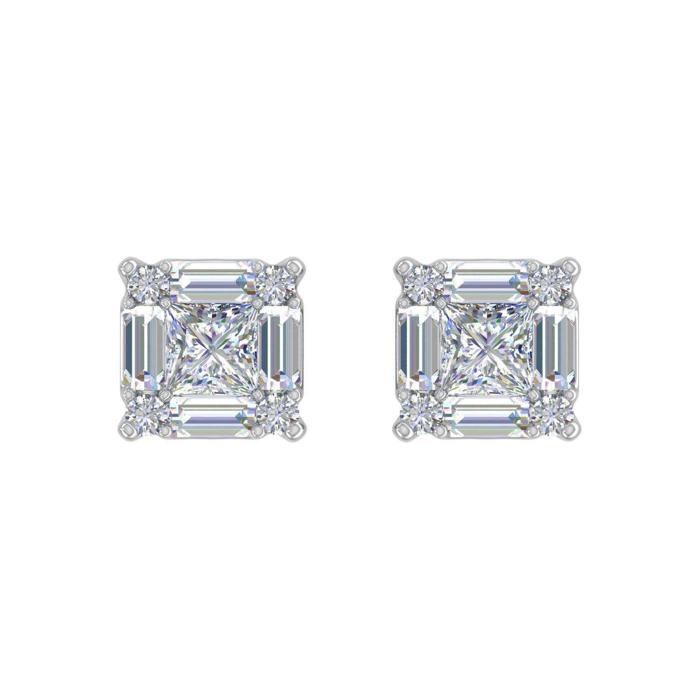 3/4 Carat Round, Princess & Baguette Shape Diamond Stud Earrings in Gold - Frontview