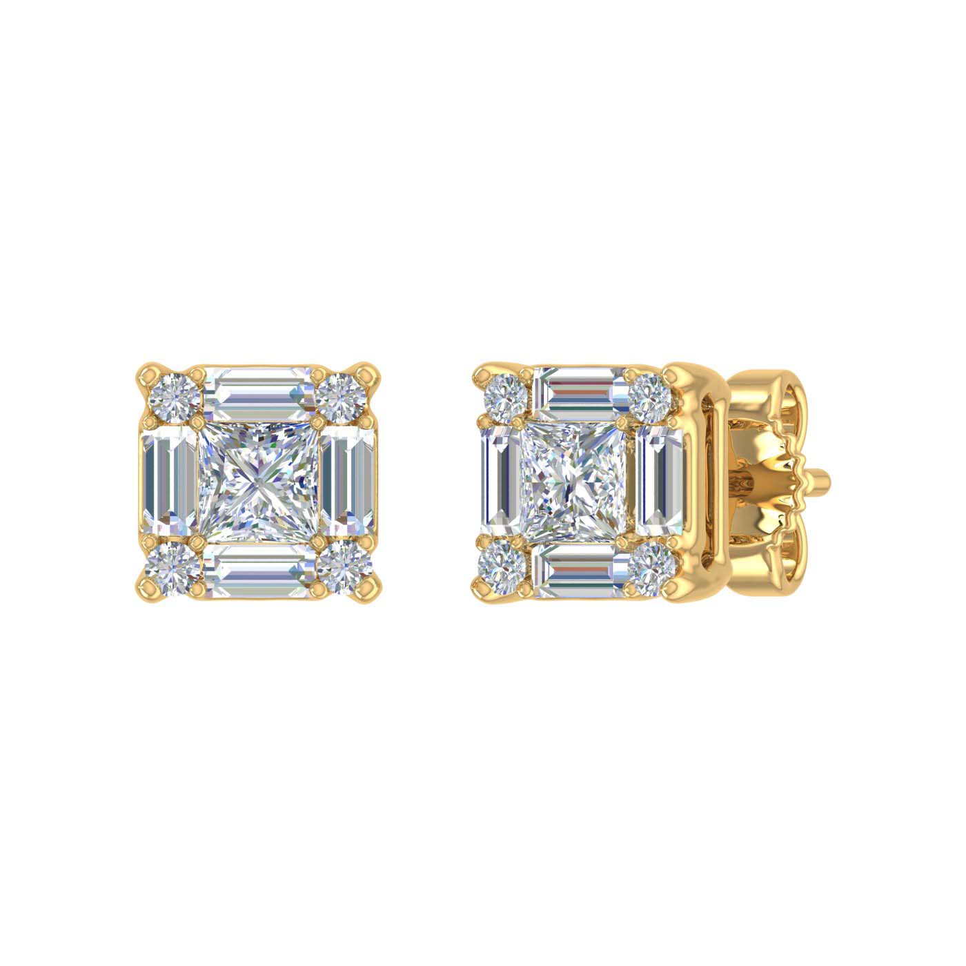 3/4 Carat Round, Princess & Baguette Shape Diamond Stud Earrings in Gold - 1