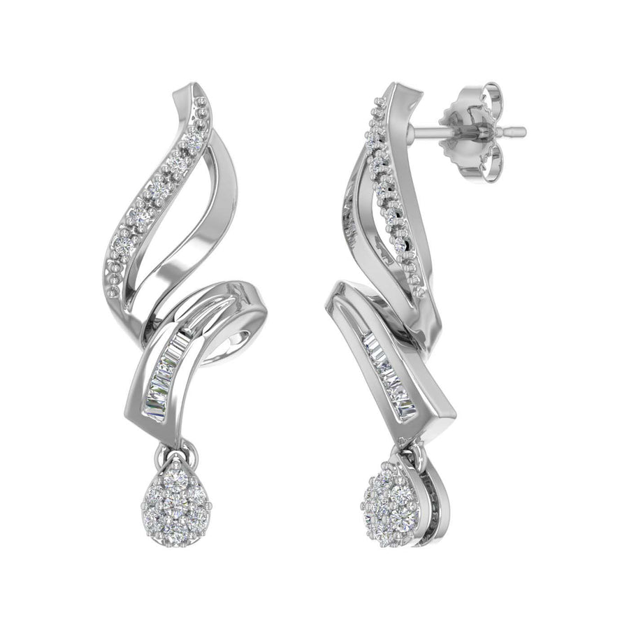 0.15 Carat Baguette and Round Diamond Drop Dangle Earrings in Gold