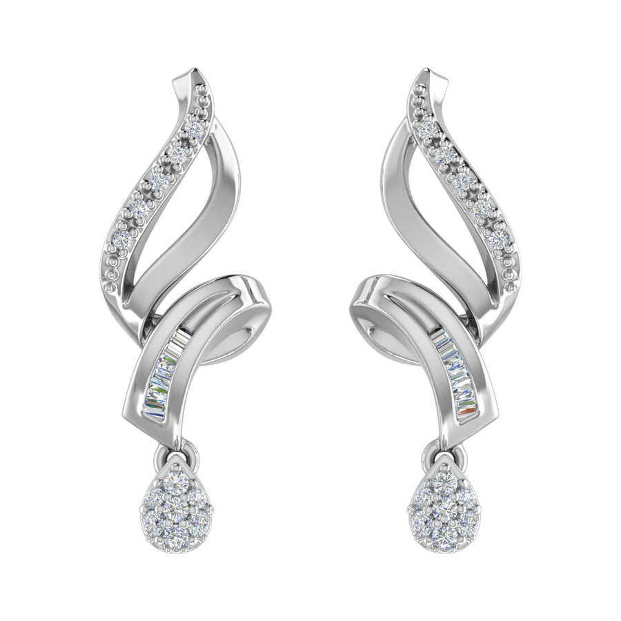 0.15 Carat Baguette and Round Diamond Drop Dangle Earrings in Gold