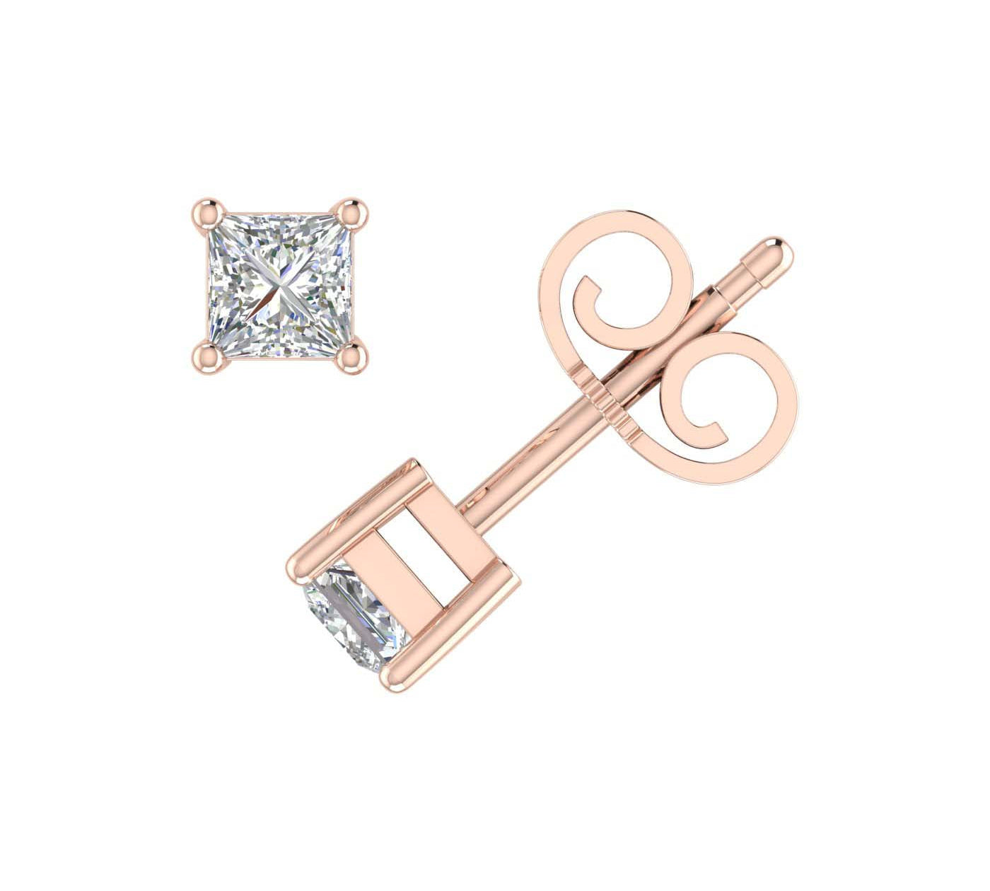 1/3 Carat Princess Cut Diamond Stud Earrings in Gold