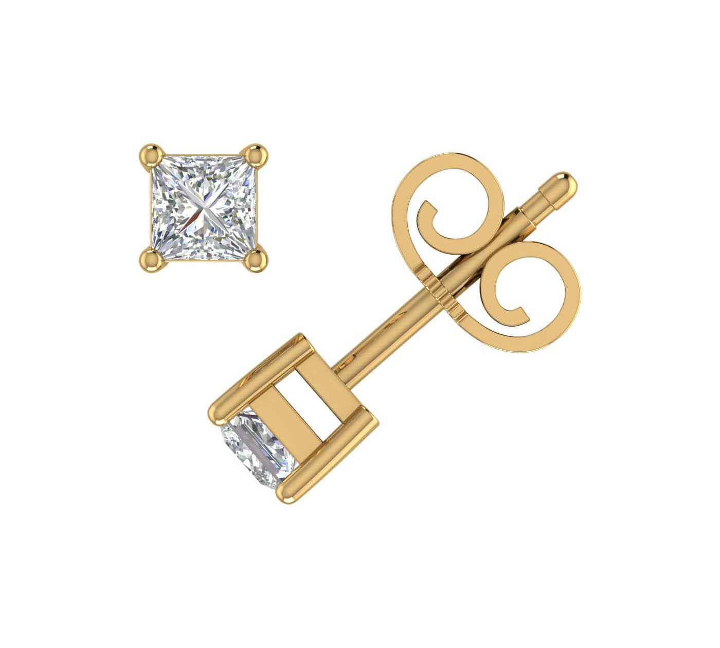 1/3 Carat Princess Cut Diamond Stud Earrings in Gold