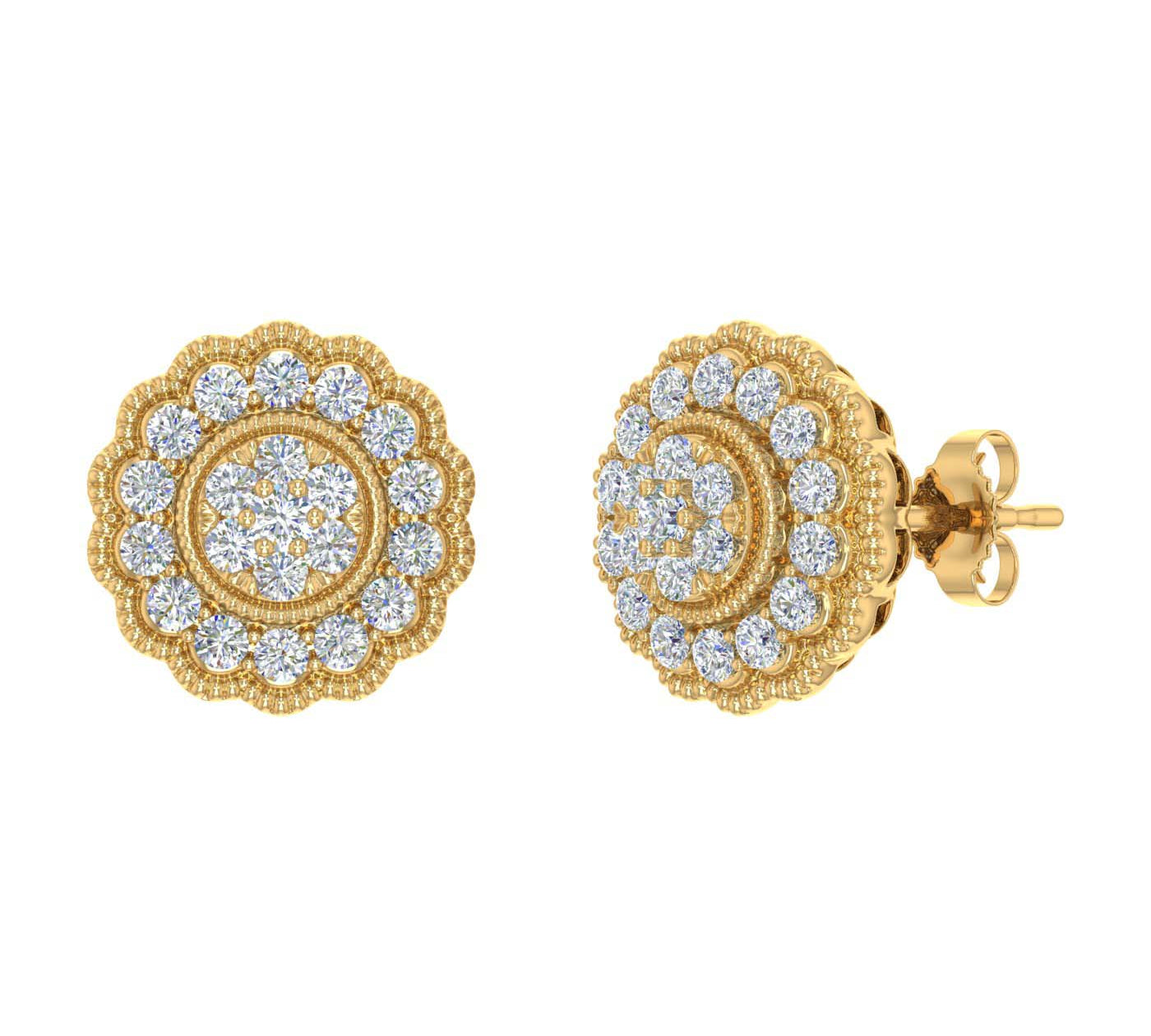 3/4 Carat Diamond Flower Shaped Stud Earrings in Gold - IGI Certified