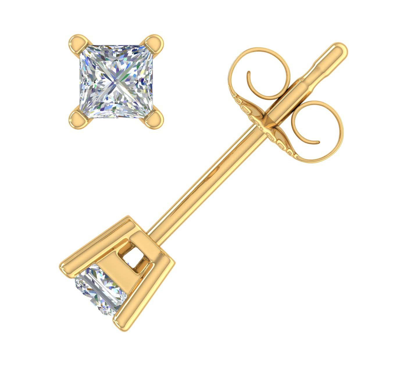 1/4 Carat Princess Cut Diamond Stud Earrings in Gold