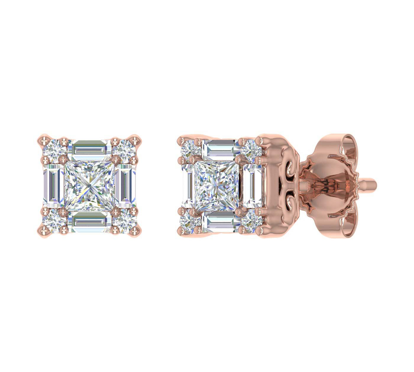 1/4 Carat Prong Set Round, Princess & Baguette Shape Diamond Stud Earrings in Gold