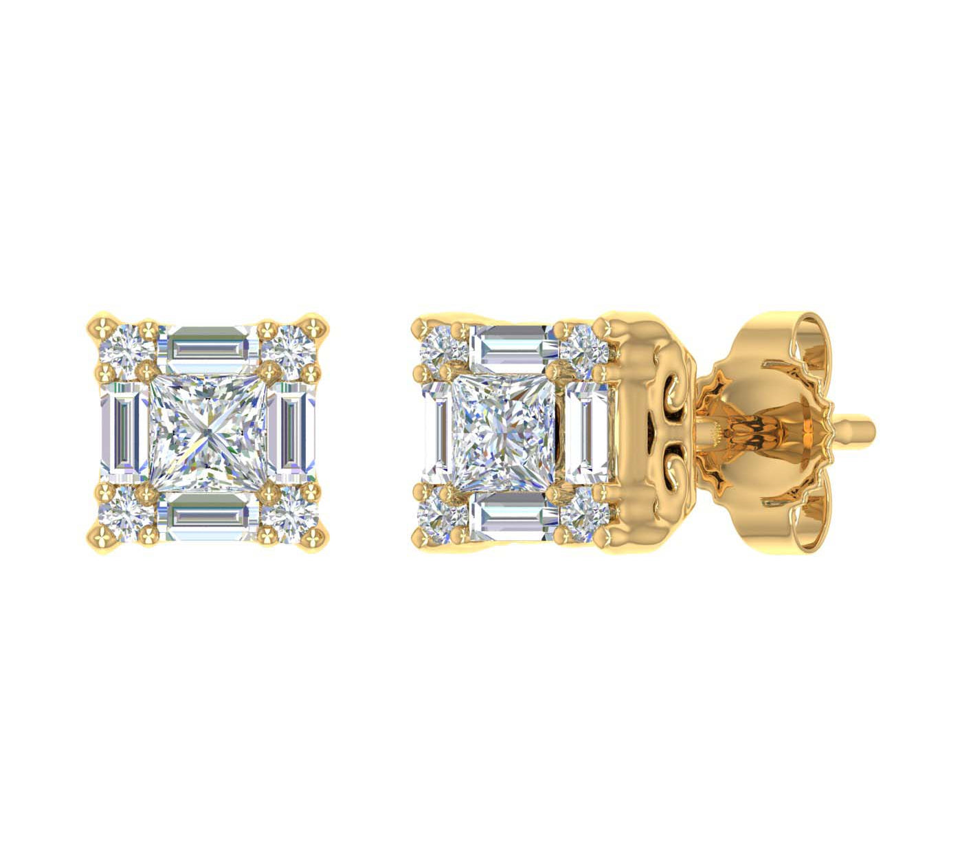 1/4 Carat Prong Set Round, Princess & Baguette Shape Diamond Stud Earrings in Gold