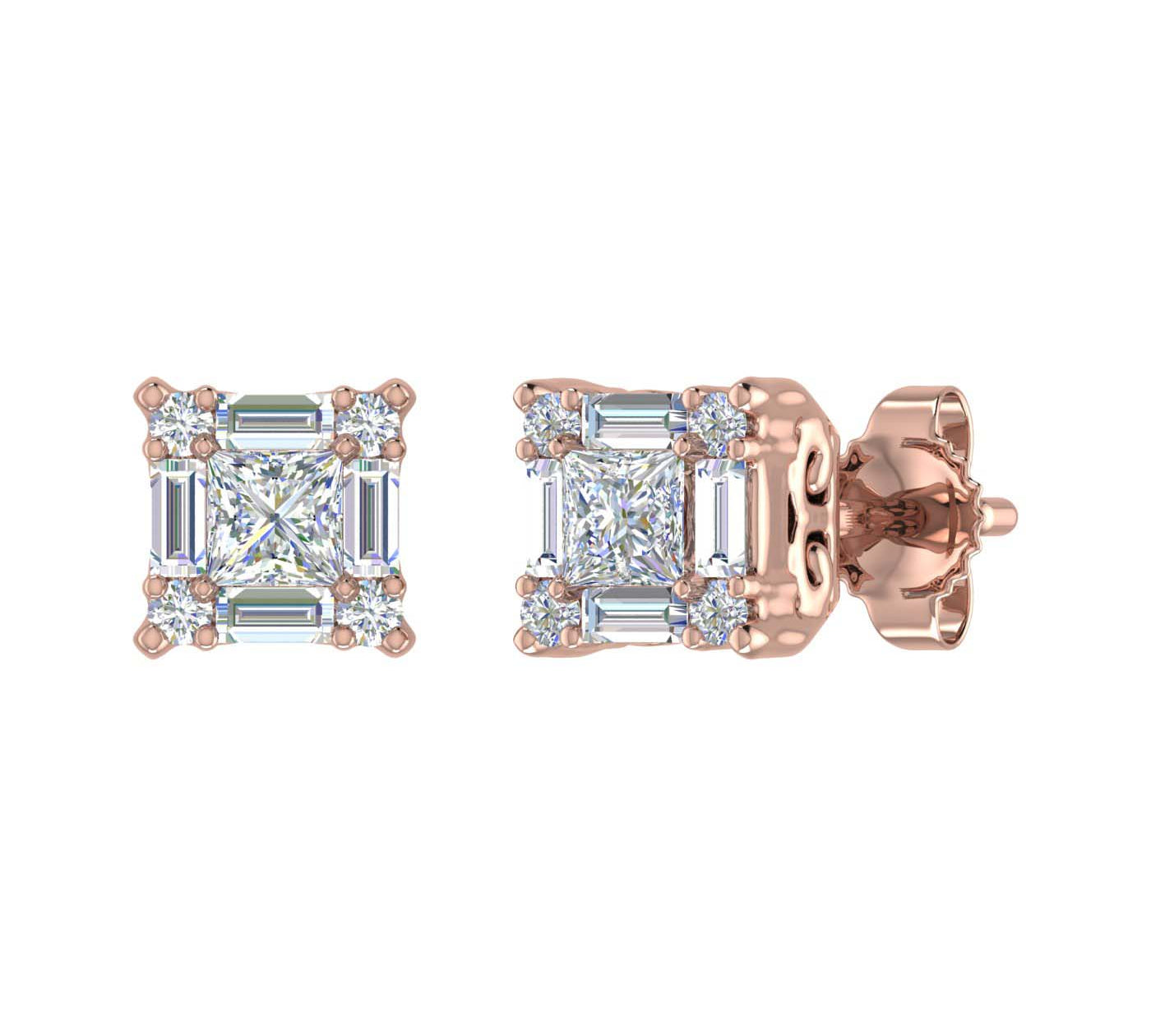 1/3 Carat Prong Set Round, Princess & Baguette Shape Diamond Stud Earrings in Gold