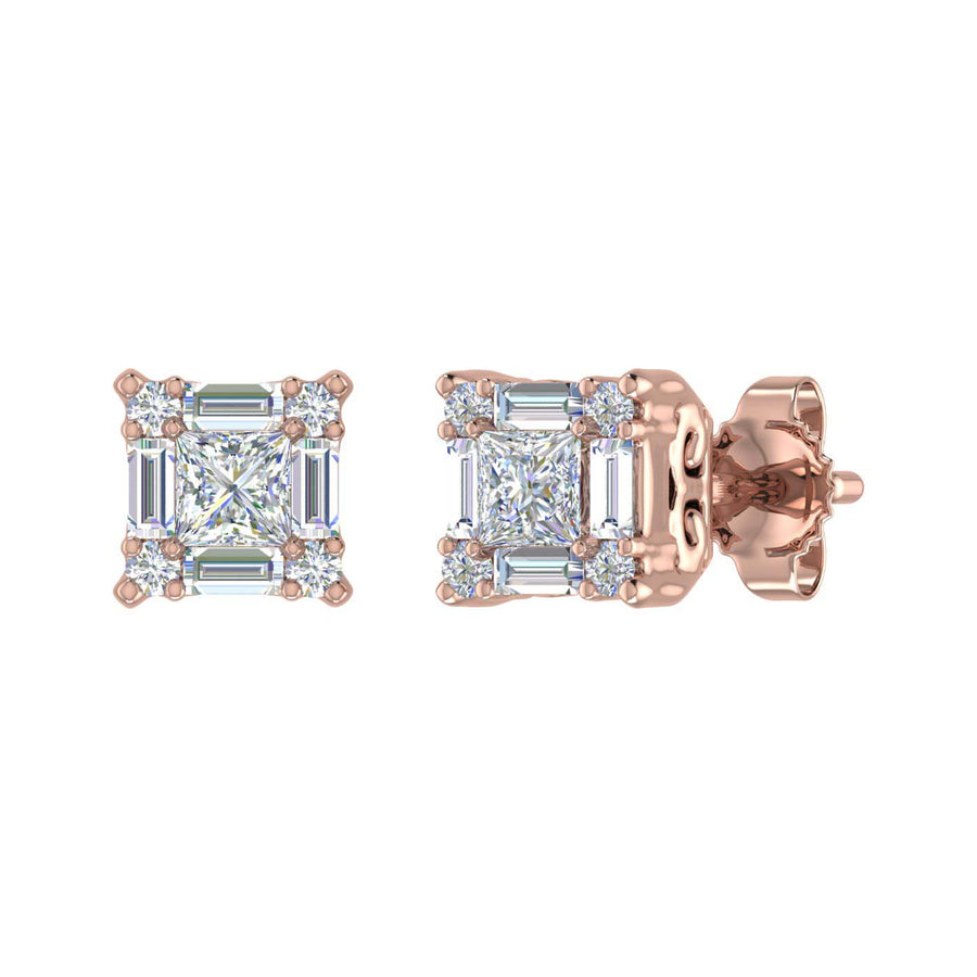 1/3 Carat Prong Set Round, Princess & Baguette Shape Diamond Stud Earrings in Gold