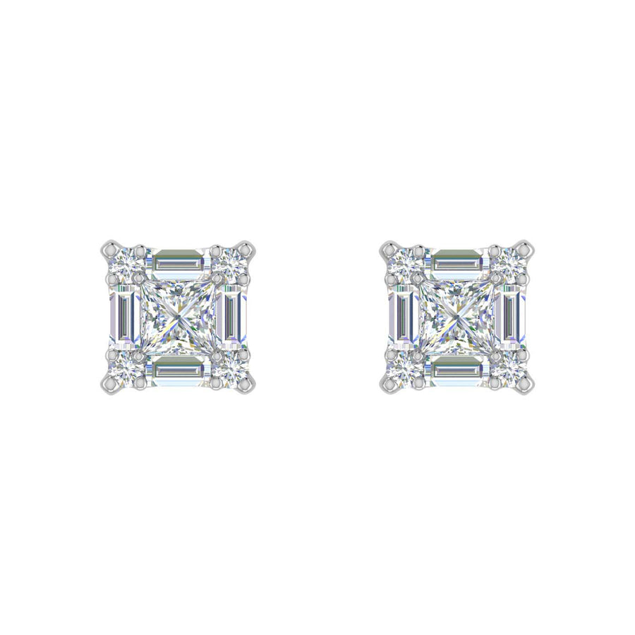 1/3 Carat Prong Set Round, Princess & Baguette Shape Diamond Stud Earrings in Gold