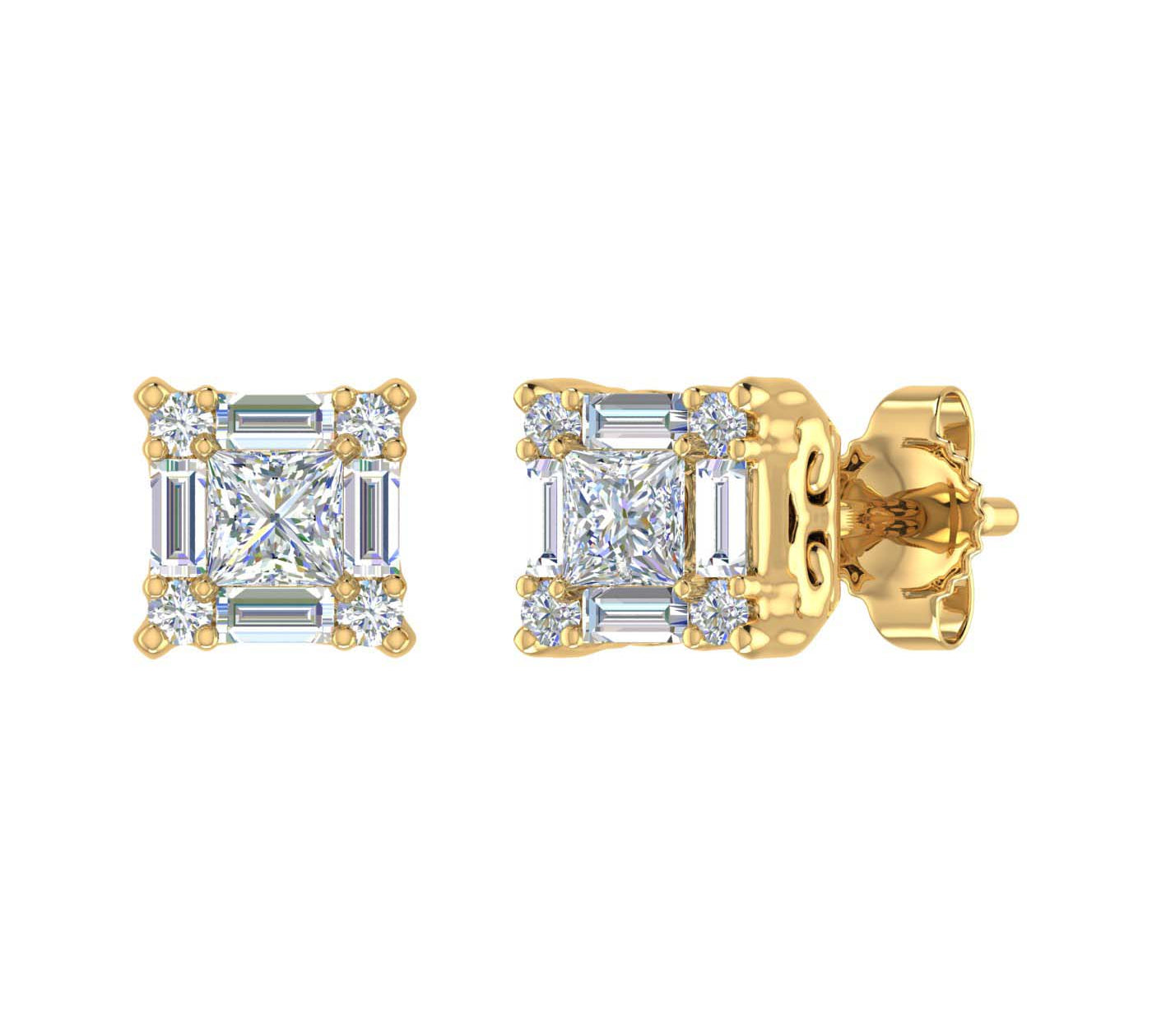 1/3 Carat Prong Set Round, Princess & Baguette Shape Diamond Stud Earrings in Gold