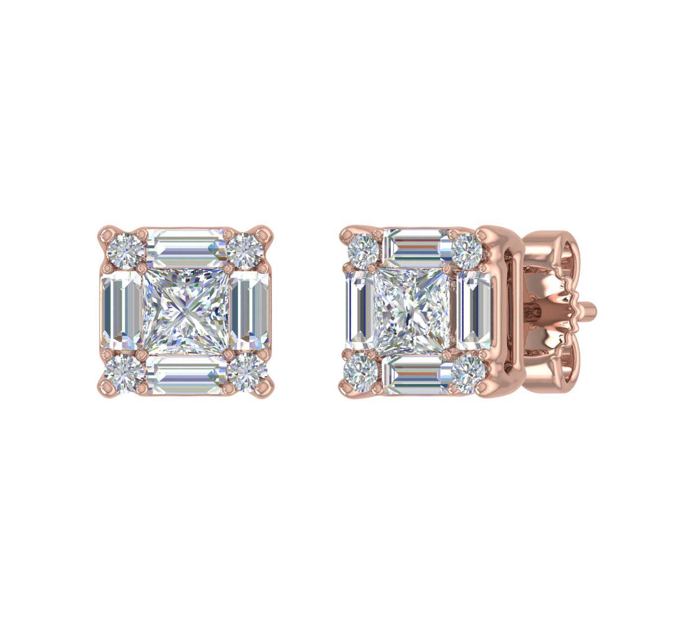 3/4 Carat Round, Princess & Baguette Shape Diamond Stud Earrings in Gold - 2