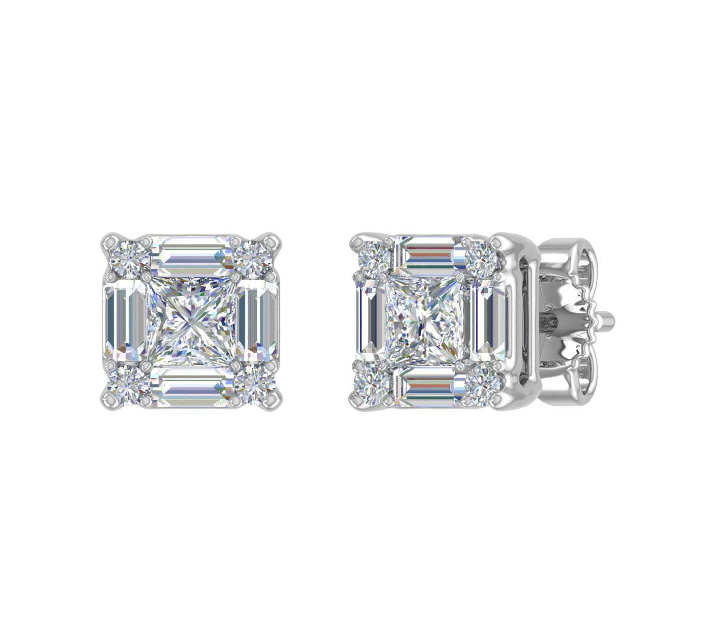 3/4 Carat Round, Princess & Baguette Shape Diamond Stud Earrings in Gold - Thumbnail