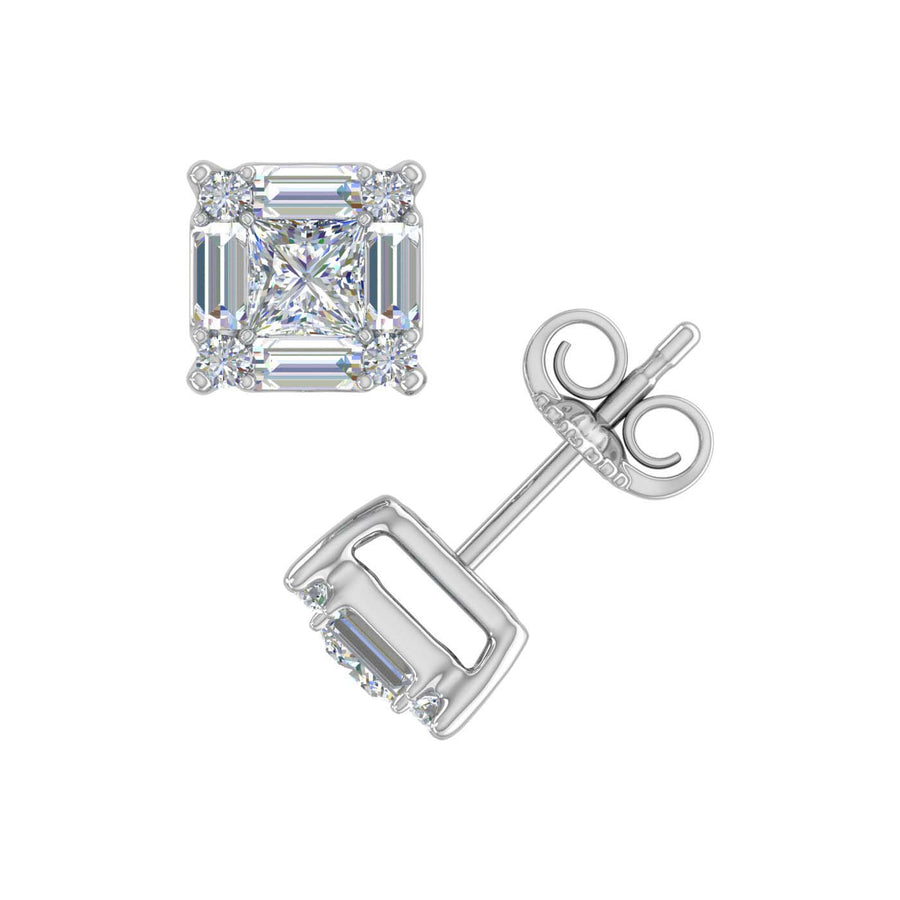3/4 Carat Round, Princess & Baguette Shape Diamond Stud Earrings in Gold - IGI Certified
