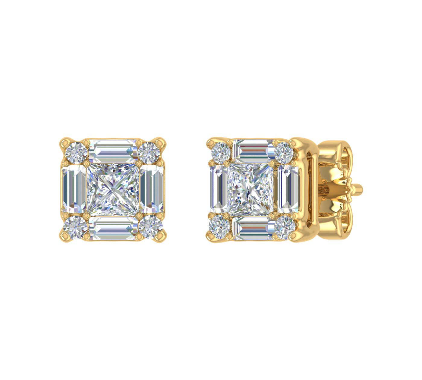 3/4 Carat Round, Princess & Baguette Shape Diamond Stud Earrings in Gold - 1