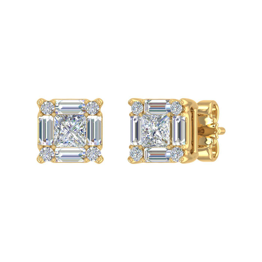 3/4 Carat Round, Princess & Baguette Shape Diamond Stud Earrings in Gold