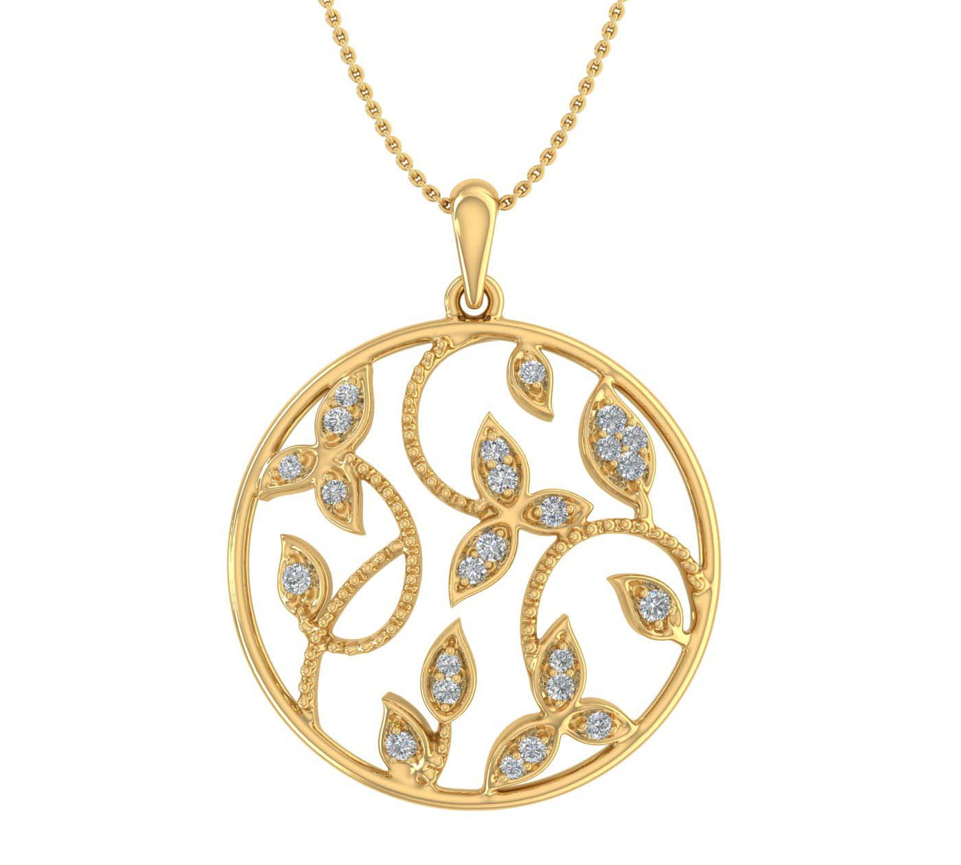 1/10 Carat Diamond Leaf Circle Pendant Necklace in Gold (Included Silver Chain)