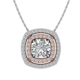 1/2 Carat Diamond Cushion Shaped Halo Pendant Necklace in White Gold & Rose Gold - IGI Certified
