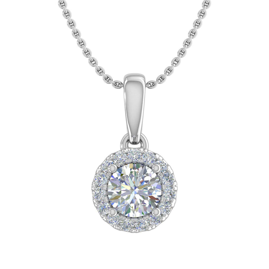 1/2 Carat Diamond Halo Pendant Necklace in Gold (Silver Cable Chain) - IGI Certified
