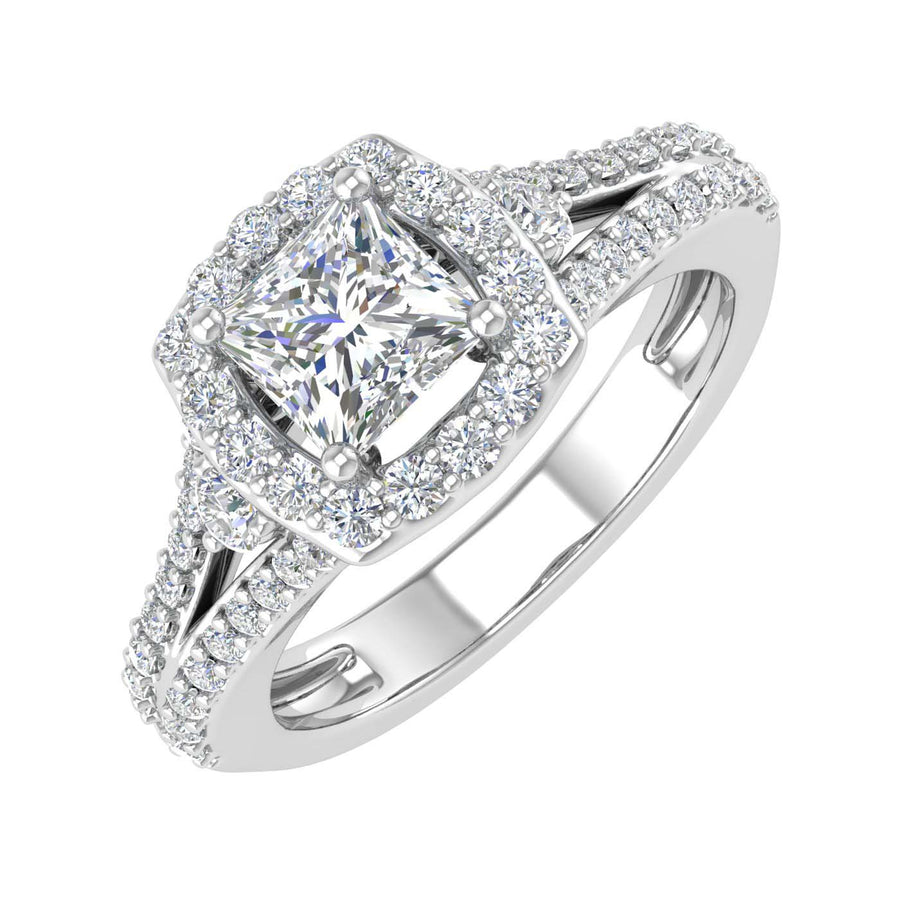 1.15 Carat Round and Princess Cut Diamond Halo Engagement Ring in Gold