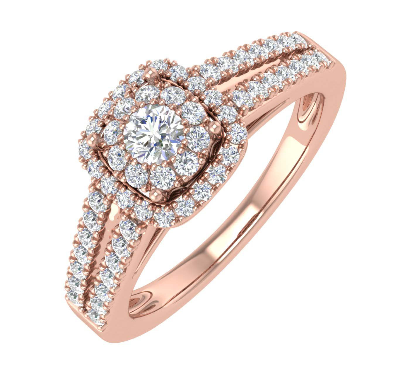 1/2 Carat Prong Set Diamond Cushion Cut Halo Engagement Ring in Gold
