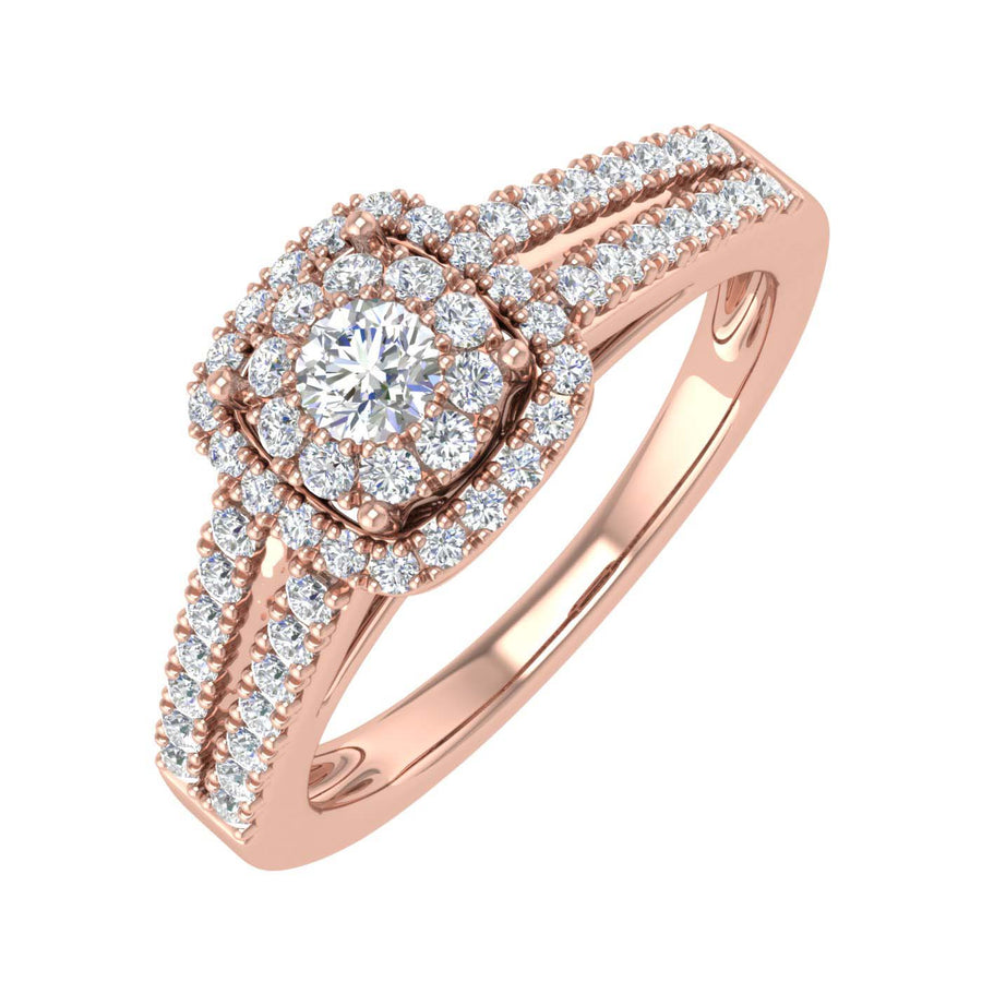 1/2 Carat Prong Set Diamond Cushion Cut Halo Engagement Ring in Gold