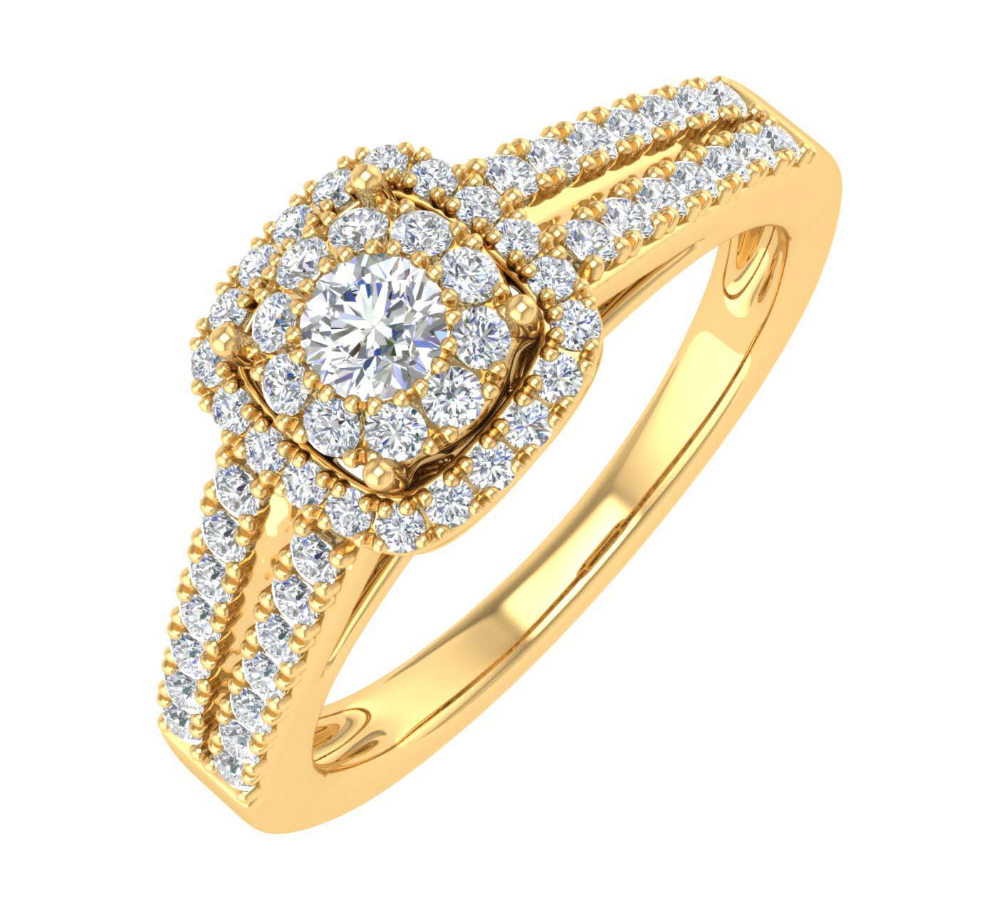 1/2 Carat Prong Set Diamond Cushion Cut Halo Engagement Ring in Gold