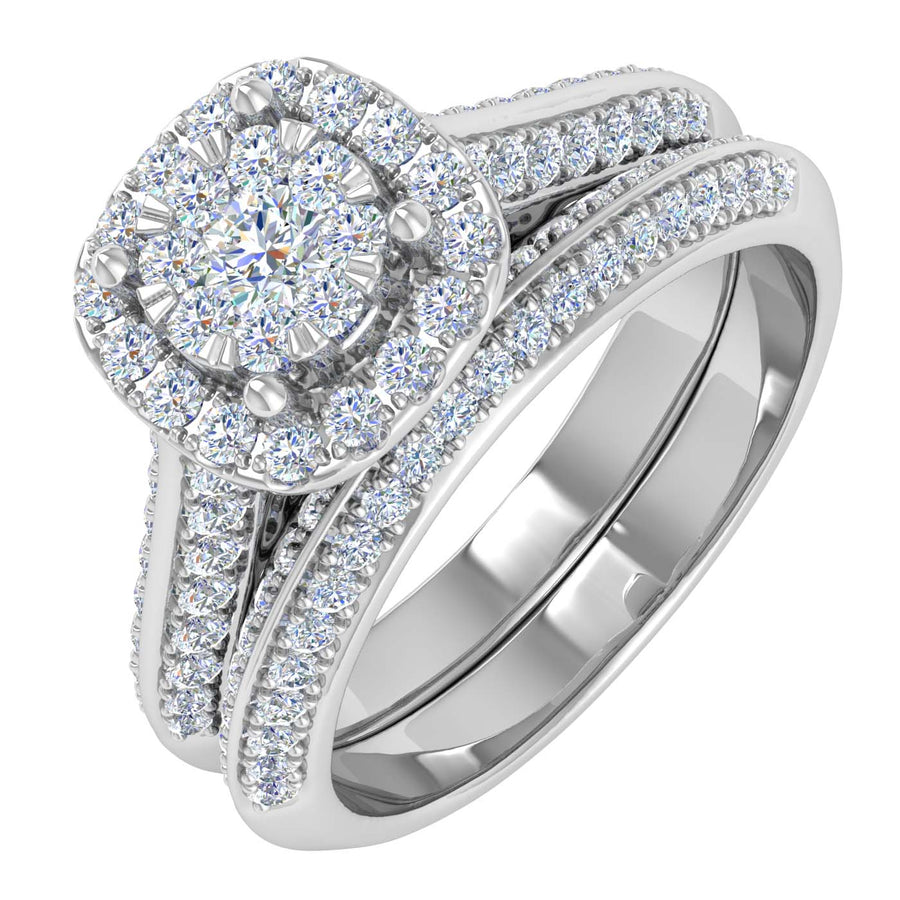 3/4 Carat Cushion cut Halo Diamond Bridal Ring Set in Gold