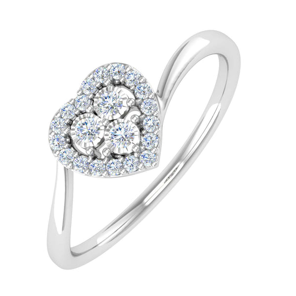 FINEROCK Heart Shaped Diamond Ring - 1/10 Ct 3 Round Diamonds In 10K White Gold, IGI Certified (Size 6.5)